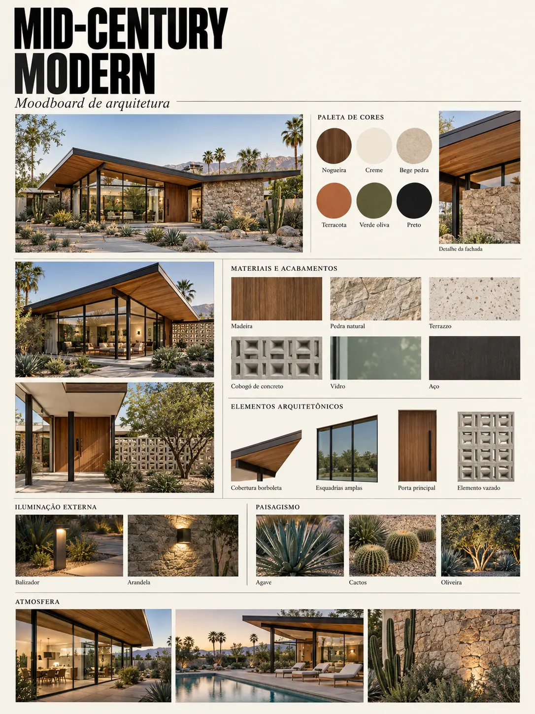 Mid-Century Modern — Referência conceitual criada com IA para exploração de estilo.
